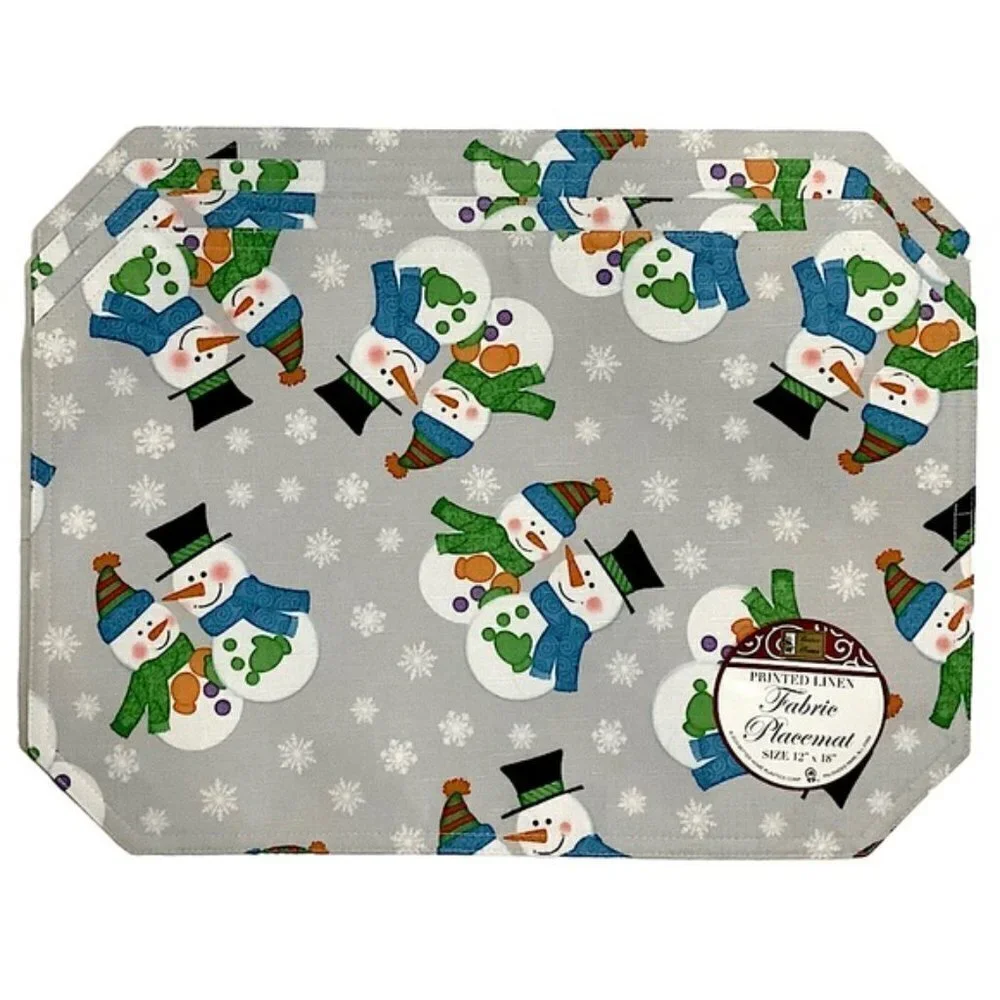 Winter Linen Print Fabric Placemats Snowman Reversible Grey Multi 12 X 18 in